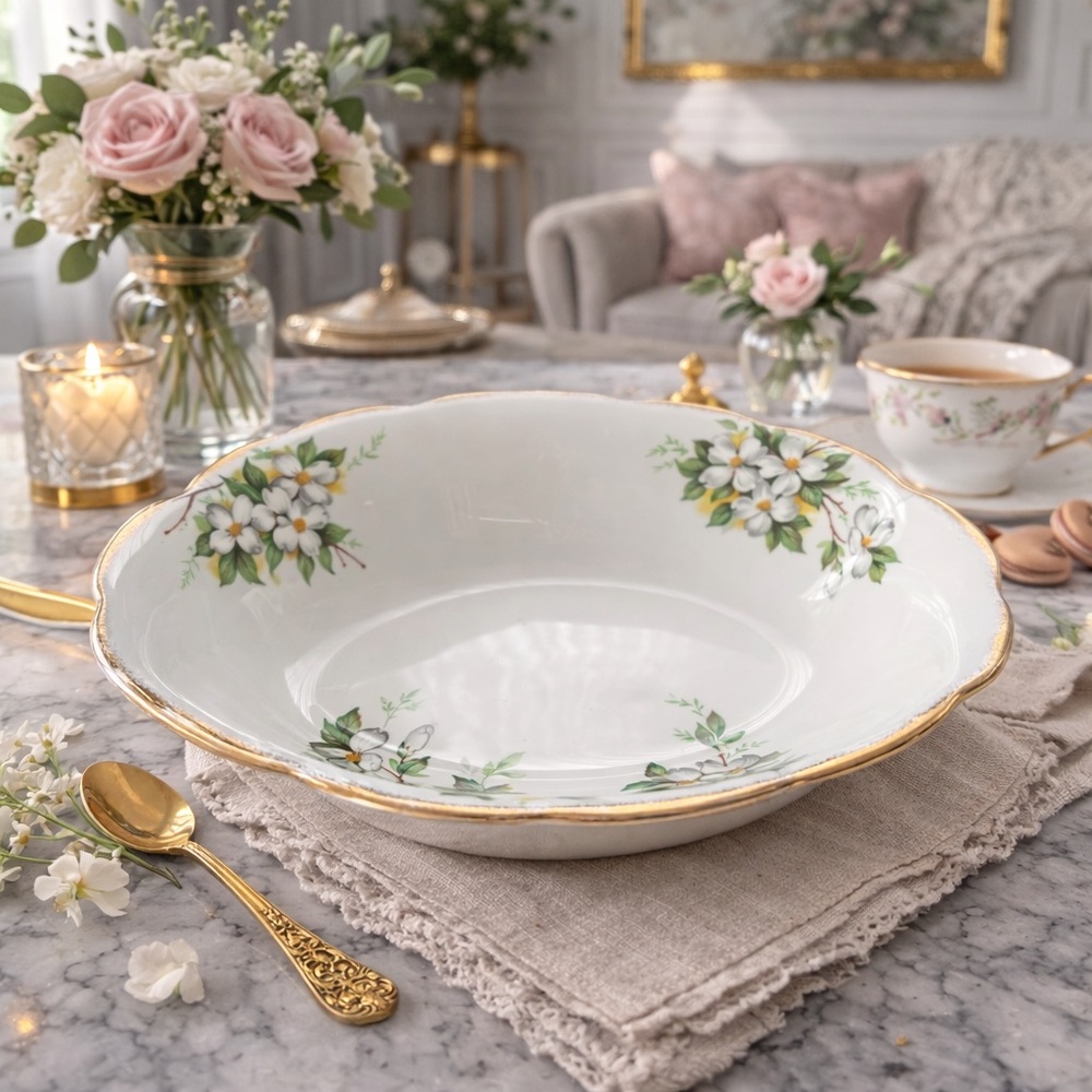 Vintage Royal Albert “White Dogwood” Oval Serving Bowl – Bone China, England